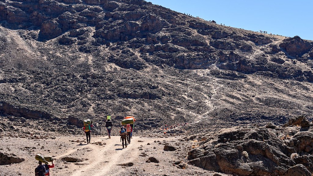 Trekkers walking a high trail on Kilimanjaro